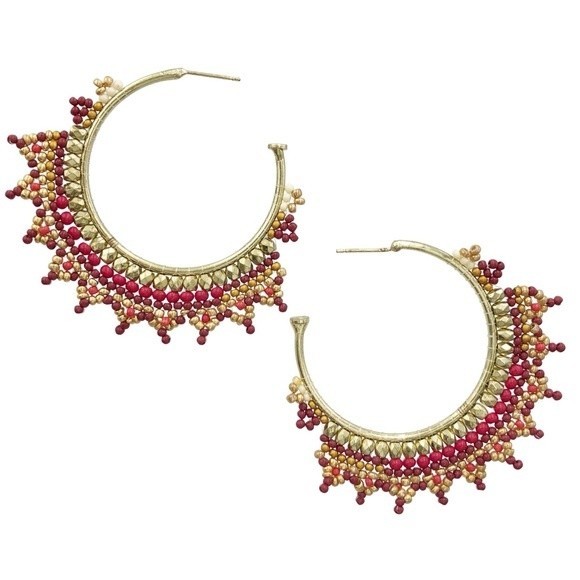 Red Lace Look Seed Bead Lace Look Flair Gold Statement Hoop Earrings - Picture 1 of 3